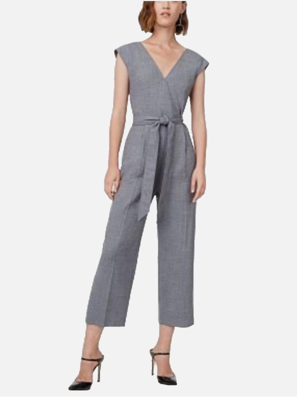 Club Monaco Lorenny Wool Blend Grey V-Neck Tie-Waist Sleeveless Jumpsuit